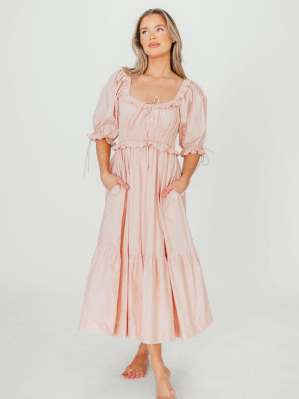 Worth Collective Pink Midi Dress with Puff Sleeves